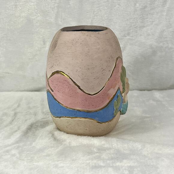 Southwestern Desert Scene Pottery Vase Cactus Sunset Relief Painted 5.5 Handmade - Picture 2 of 13